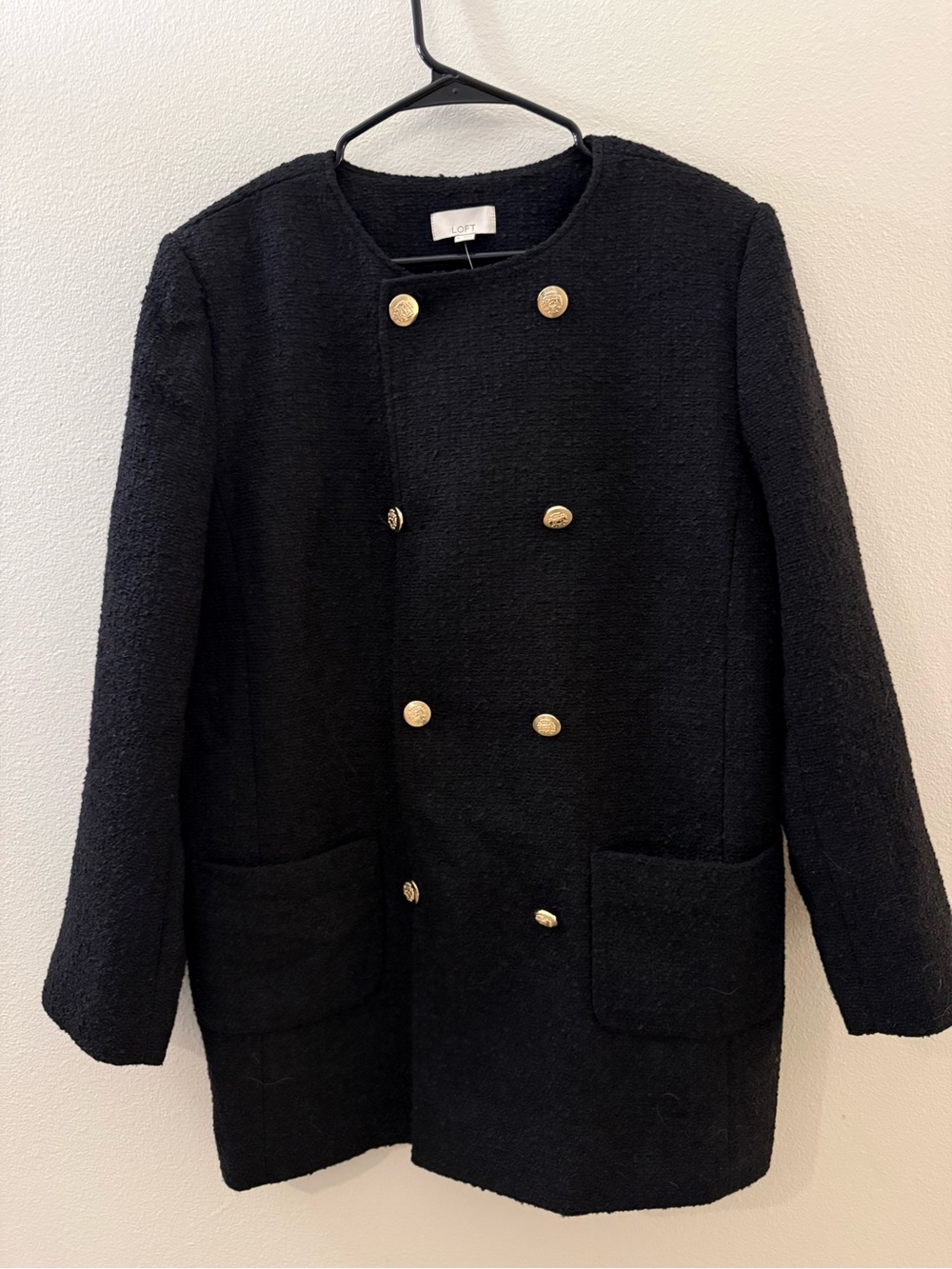 LOFT Black Double-Breasted Bouclé Coat with Gold Buttons